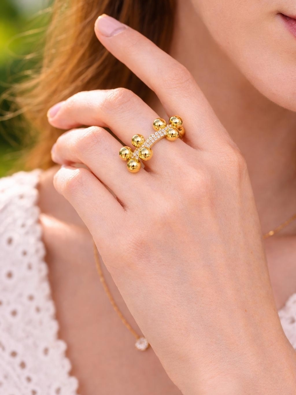 Gold Bead Pavé Bar Ring